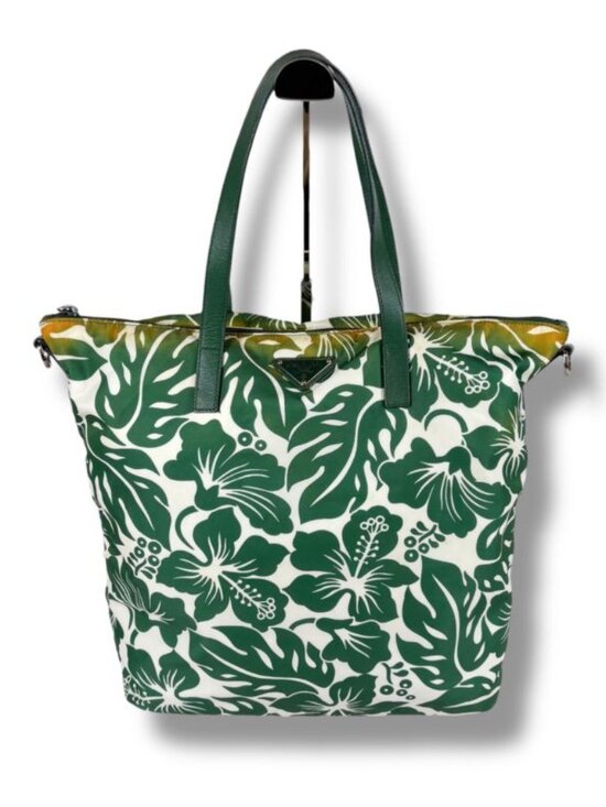 Prada Hibiscus Tote Flower Tessuto Nylon Green Triangle Logo